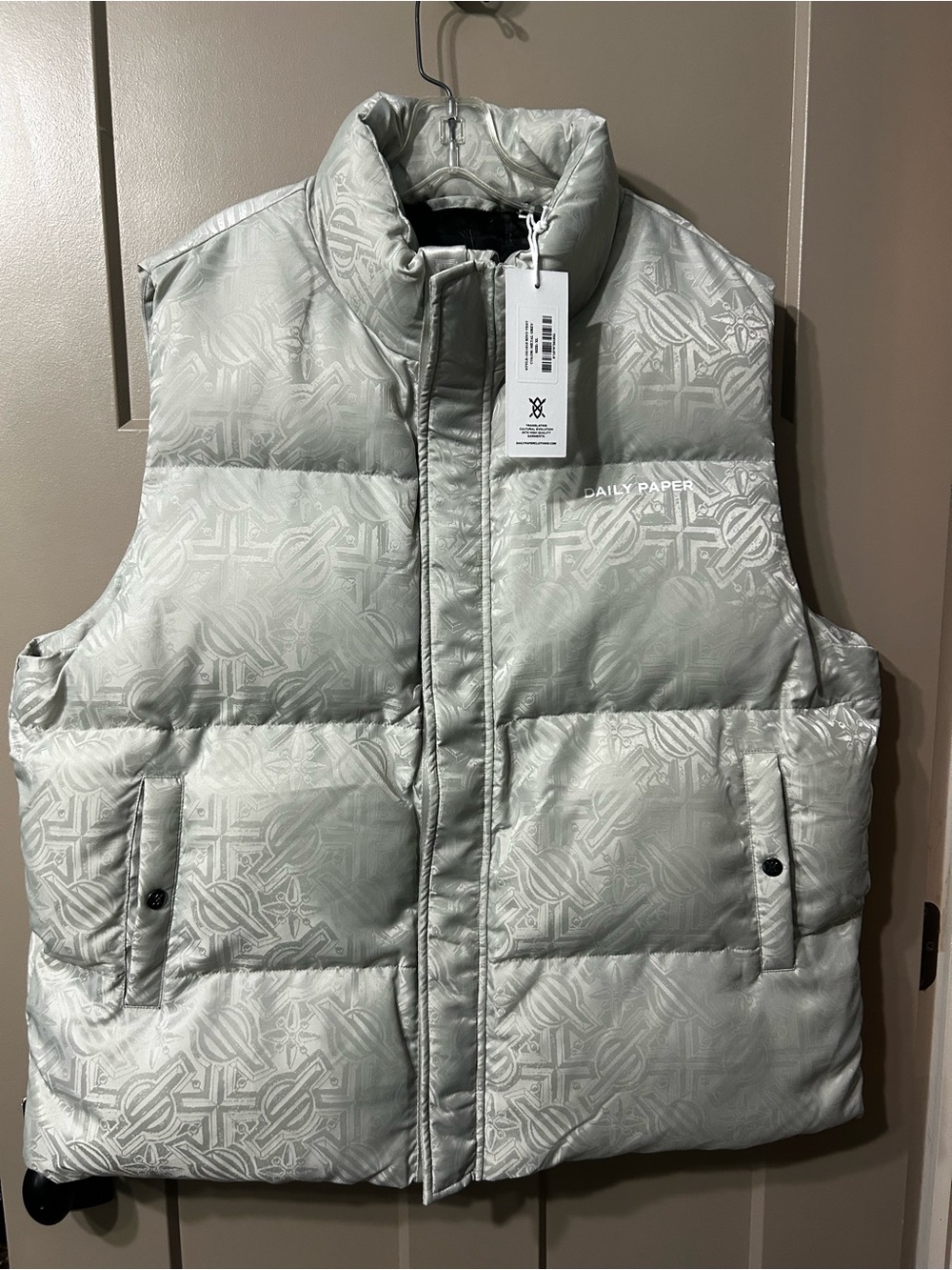 Daily Paper Riyo puffer vest in metal grey metallic all-over monogram print